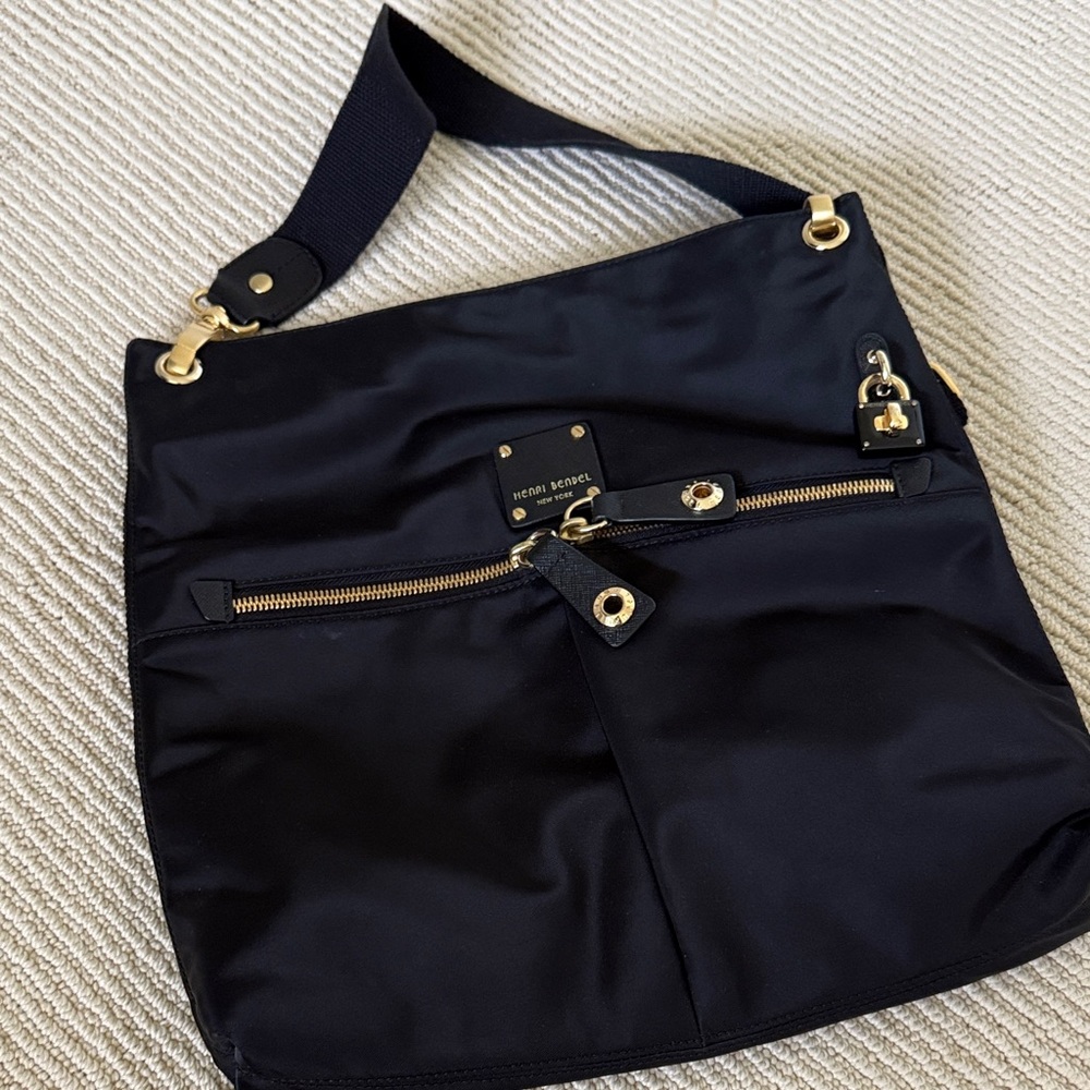 Henri Bendel Black Nylon Shoulder Bag with Gold Accents